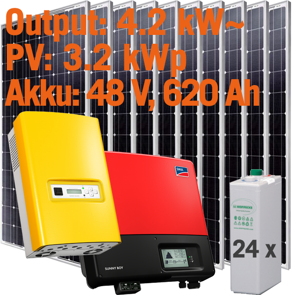 Solar Inselanlage AC 4kW / 3.200Wp / 620Ah