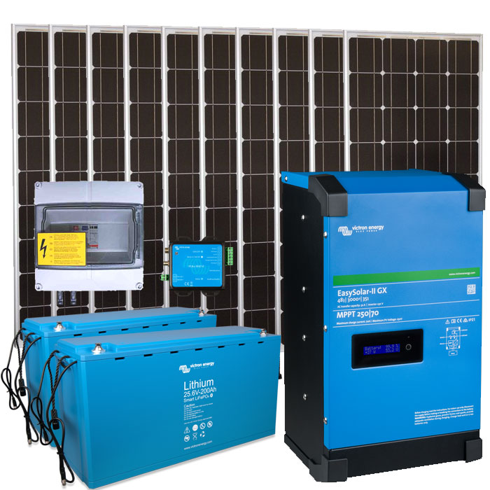 Solar Inselanlage AC 3kVA / 2.000Wp / 200Ah LiFePO4 mit 0% MwSt. gemäß §12 Abs. 3 UStG Solar Inselanlage AC 3kVA / 2.000Wp / 200Ah LiFePO4 mit 0% MwSt. gemäß §12 Abs. 3 UStG