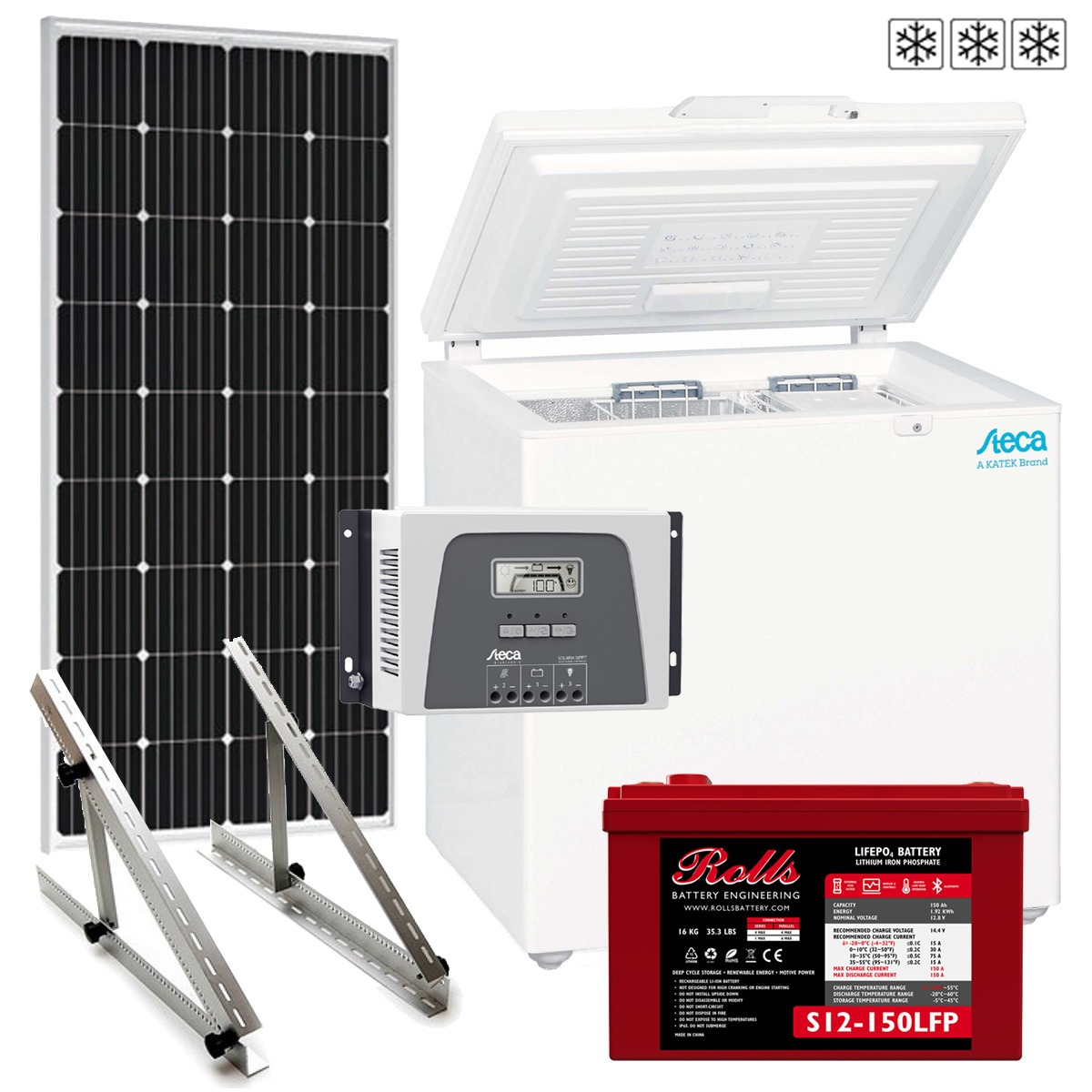 Solar-Kühlsystem PF 166-H - 12V / 200Wp / 150Ah LiFePO4 Solar-Kühlsystem PF 166-H - 12V / 200Wp / 150Ah LiFePO4